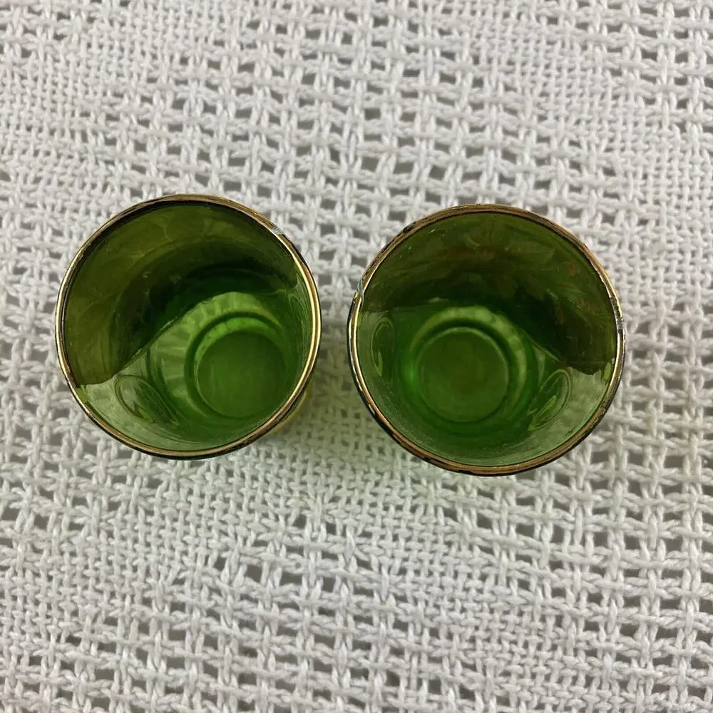 Venetian Italian Decanter Vintage Green and Gold Floral Stopper & 2 Shot Glasses